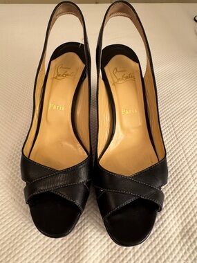 Christian Louboutin Black Leather Slingback Peep-Toe Pumps